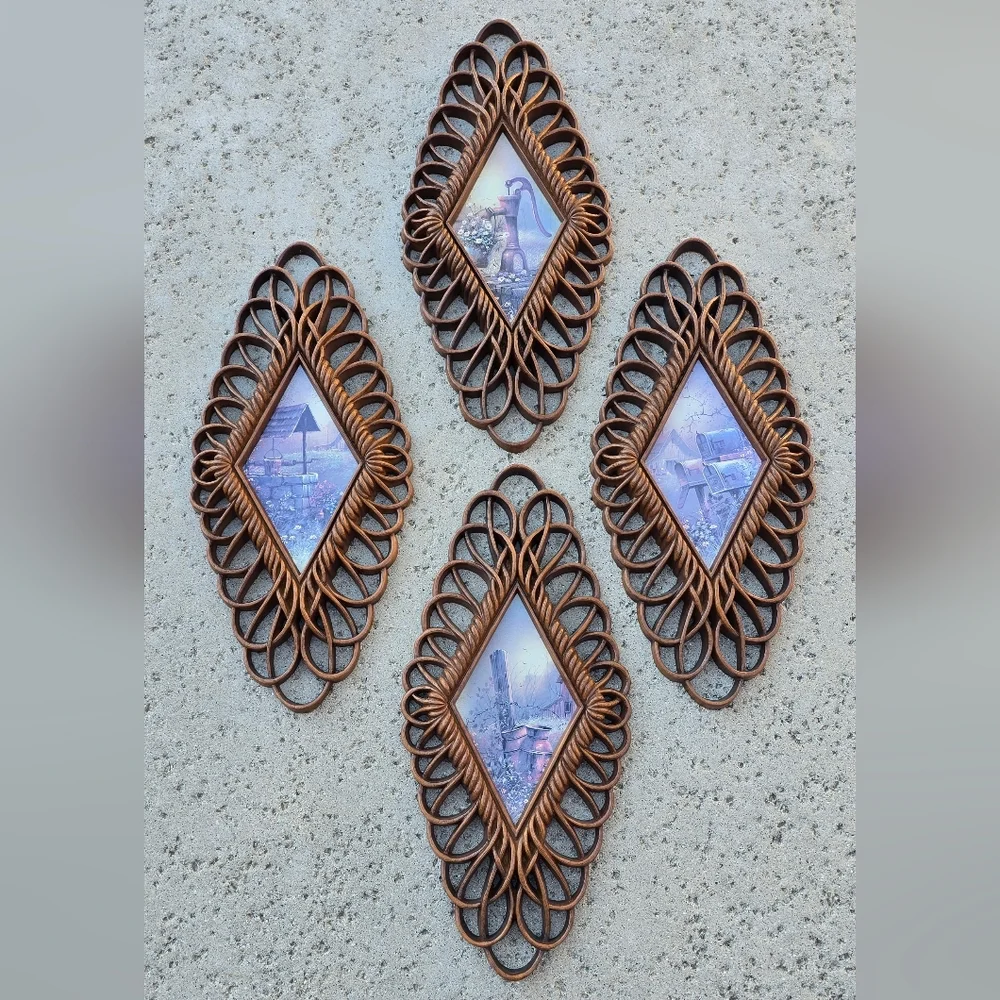 Vtg Burwood wicker diamond plaques MCM set of 4 Cottagecore Farmhouse Country